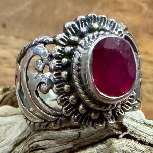 Sculpted Sterling Silver and Enchanted Ruby Gemstone Ring Size 6